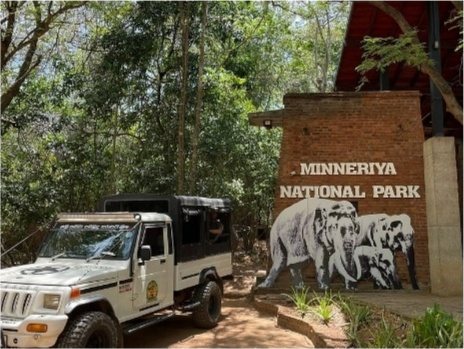 A white open safari jeep parked at the Minneriya National Park entrance sign